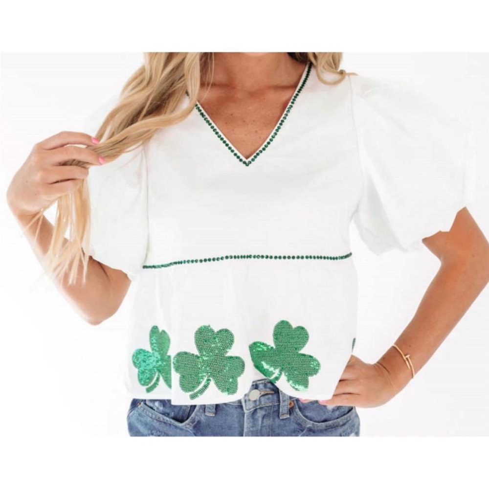 QUEEN OF SPARKLES White V-Neck Blouse with Green Sequin Shamrocks